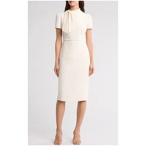 Maggie London Tie Neck Puff Sleeve Scuba Crepe Dress NWT in Sugar Swizzle Color - Picture 1 of 8